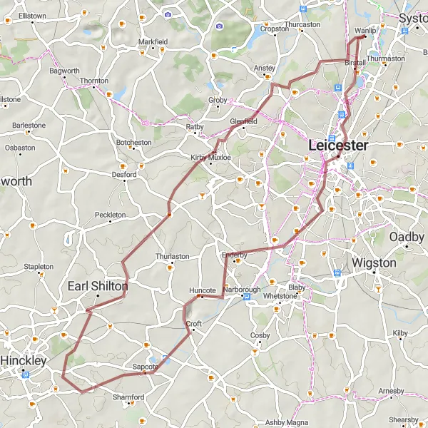 Map miniature of "Gravel Adventure in Leicester" cycling inspiration in Leicestershire, Rutland and Northamptonshire, United Kingdom. Generated by Tarmacs.app cycling route planner