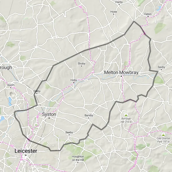 Map miniature of "Sileby through Waltham on the Wolds to Belgrave" cycling inspiration in Leicestershire, Rutland and Northamptonshire, United Kingdom. Generated by Tarmacs.app cycling route planner
