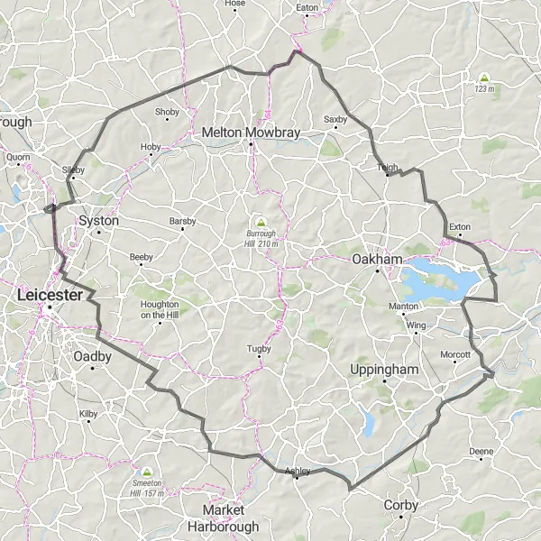 Map miniature of "Rural Excursion" cycling inspiration in Leicestershire, Rutland and Northamptonshire, United Kingdom. Generated by Tarmacs.app cycling route planner