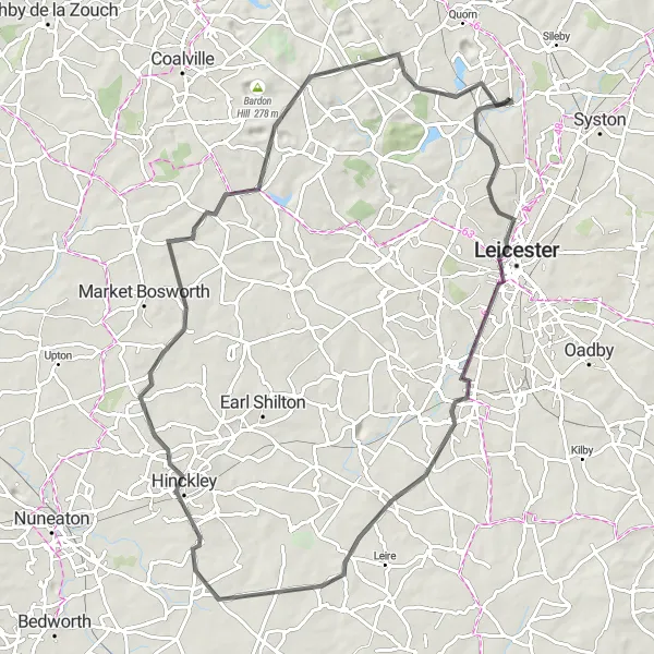 Map miniature of "Rutland Escape" cycling inspiration in Leicestershire, Rutland and Northamptonshire, United Kingdom. Generated by Tarmacs.app cycling route planner