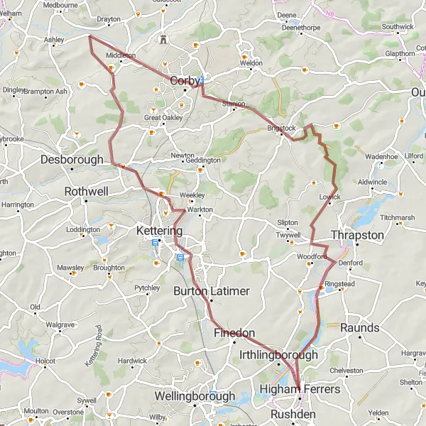 Map miniature of "Off-Road Adventure: The Rushden Gravel Route" cycling inspiration in Leicestershire, Rutland and Northamptonshire, United Kingdom. Generated by Tarmacs.app cycling route planner