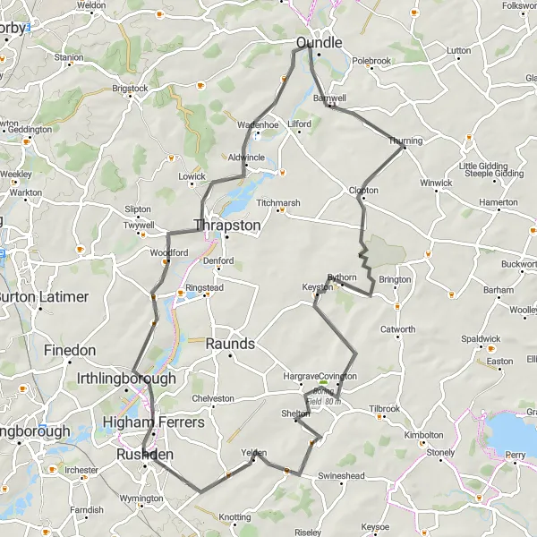 Map miniature of "The Rushden Historical Trail" cycling inspiration in Leicestershire, Rutland and Northamptonshire, United Kingdom. Generated by Tarmacs.app cycling route planner