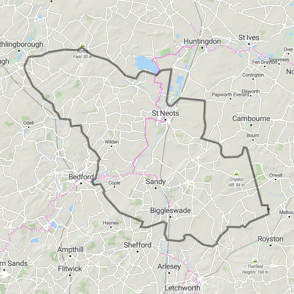 Map miniature of "The Exciting Road Adventure from Rushden to Grafham Water" cycling inspiration in Leicestershire, Rutland and Northamptonshire, United Kingdom. Generated by Tarmacs.app cycling route planner