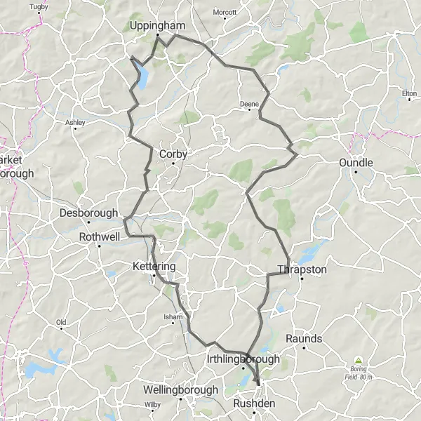 Map miniature of "The Rushden Endurance Challenge" cycling inspiration in Leicestershire, Rutland and Northamptonshire, United Kingdom. Generated by Tarmacs.app cycling route planner