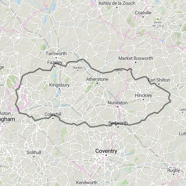 Map miniature of "The Leicester Explorer" cycling inspiration in Leicestershire, Rutland and Northamptonshire, United Kingdom. Generated by Tarmacs.app cycling route planner