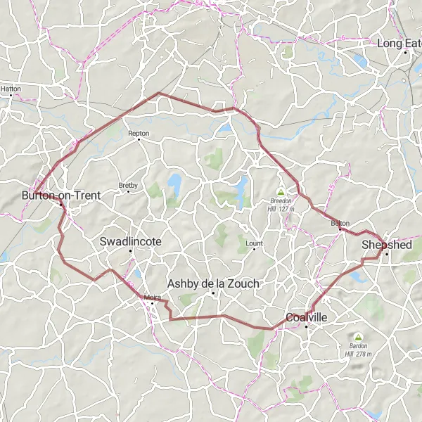 Map miniature of "Rural Escape" cycling inspiration in Leicestershire, Rutland and Northamptonshire, United Kingdom. Generated by Tarmacs.app cycling route planner