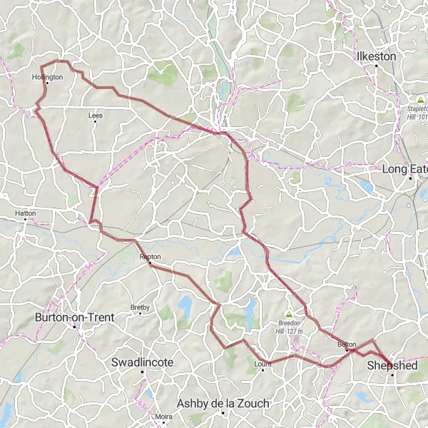 Map miniature of "Hidden Gravel Gems" cycling inspiration in Leicestershire, Rutland and Northamptonshire, United Kingdom. Generated by Tarmacs.app cycling route planner