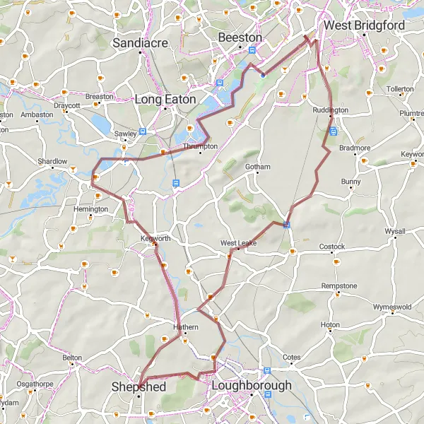 Map miniature of "Sawley Sojourn" cycling inspiration in Leicestershire, Rutland and Northamptonshire, United Kingdom. Generated by Tarmacs.app cycling route planner