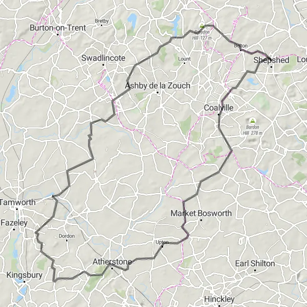 Map miniature of "Beacons and Beyond" cycling inspiration in Leicestershire, Rutland and Northamptonshire, United Kingdom. Generated by Tarmacs.app cycling route planner