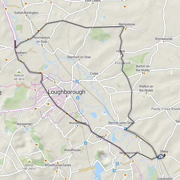 Map miniature of "Mountsorrel Adventure" cycling inspiration in Leicestershire, Rutland and Northamptonshire, United Kingdom. Generated by Tarmacs.app cycling route planner