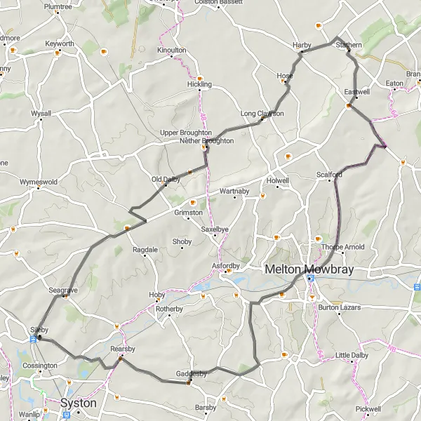 Map miniature of "The Vale of Belvoir Excursion" cycling inspiration in Leicestershire, Rutland and Northamptonshire, United Kingdom. Generated by Tarmacs.app cycling route planner