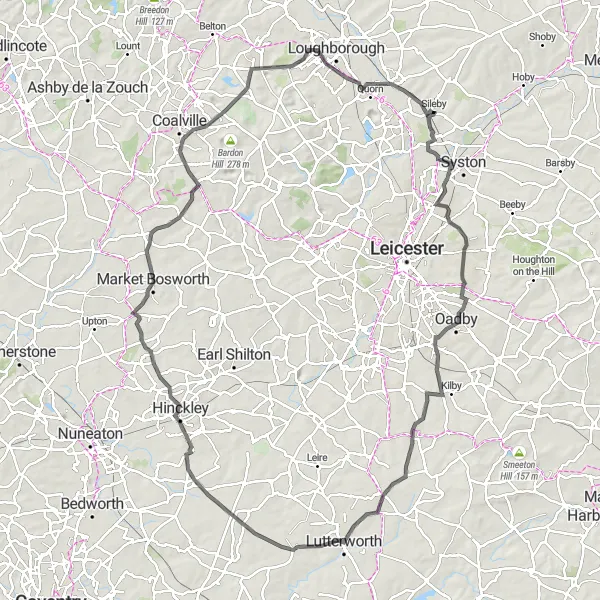 Map miniature of "Ultimate Leicestershire Challenge" cycling inspiration in Leicestershire, Rutland and Northamptonshire, United Kingdom. Generated by Tarmacs.app cycling route planner