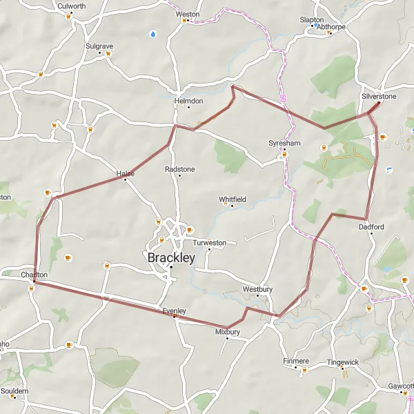 Map miniature of "Silverstone gravel adventure" cycling inspiration in Leicestershire, Rutland and Northamptonshire, United Kingdom. Generated by Tarmacs.app cycling route planner