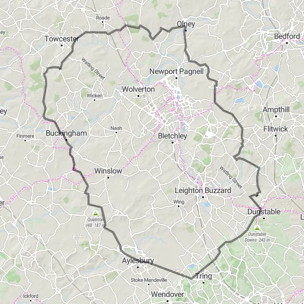 Map miniature of "Silverstone to Ivinghoe Beacon Road Challenge" cycling inspiration in Leicestershire, Rutland and Northamptonshire, United Kingdom. Generated by Tarmacs.app cycling route planner
