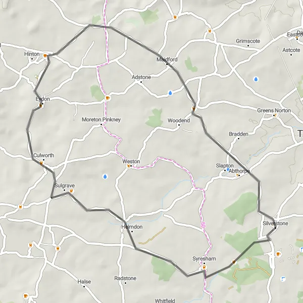 Map miniature of "Silverstone to Blakesley Road Loop" cycling inspiration in Leicestershire, Rutland and Northamptonshire, United Kingdom. Generated by Tarmacs.app cycling route planner