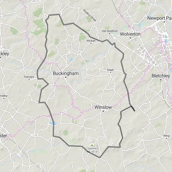 Map miniature of "Silverstone to Tingewick Road Loop" cycling inspiration in Leicestershire, Rutland and Northamptonshire, United Kingdom. Generated by Tarmacs.app cycling route planner