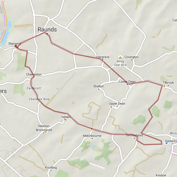 Map miniature of "Caldecott Gravel Ride" cycling inspiration in Leicestershire, Rutland and Northamptonshire, United Kingdom. Generated by Tarmacs.app cycling route planner