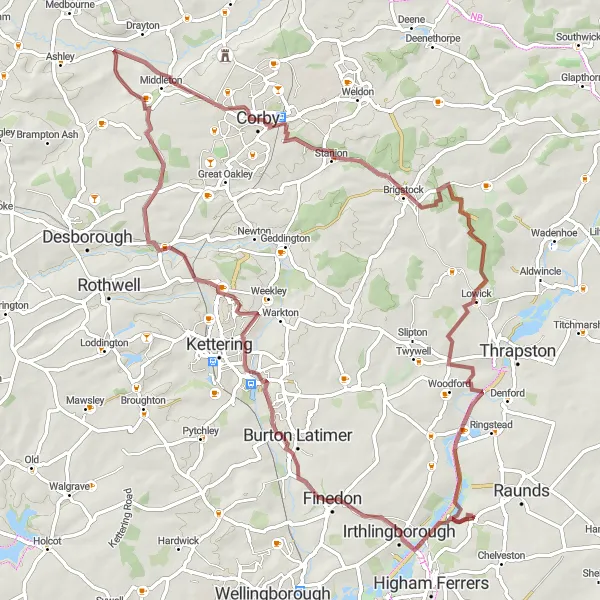 Map miniature of "The Rutland Ramble" cycling inspiration in Leicestershire, Rutland and Northamptonshire, United Kingdom. Generated by Tarmacs.app cycling route planner