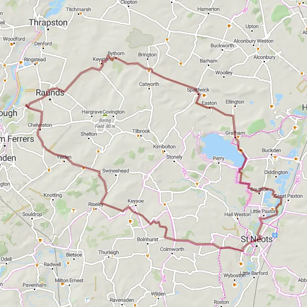Map miniature of "The Three Counties Gravel Ride" cycling inspiration in Leicestershire, Rutland and Northamptonshire, United Kingdom. Generated by Tarmacs.app cycling route planner