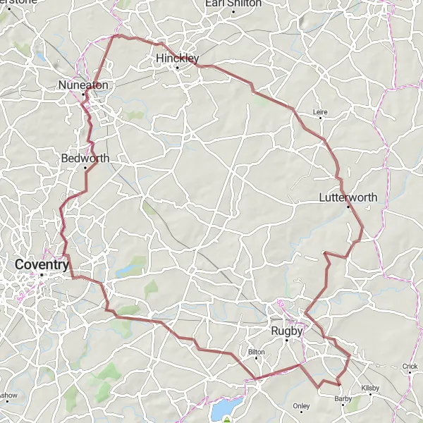 Map miniature of "Hinckley Gravel Adventure" cycling inspiration in Leicestershire, Rutland and Northamptonshire, United Kingdom. Generated by Tarmacs.app cycling route planner