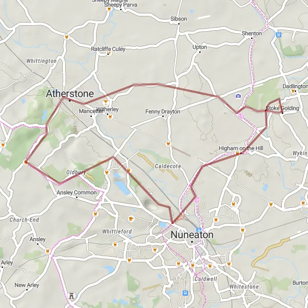 Map miniature of "Nuneaton Gravel Route" cycling inspiration in Leicestershire, Rutland and Northamptonshire, United Kingdom. Generated by Tarmacs.app cycling route planner