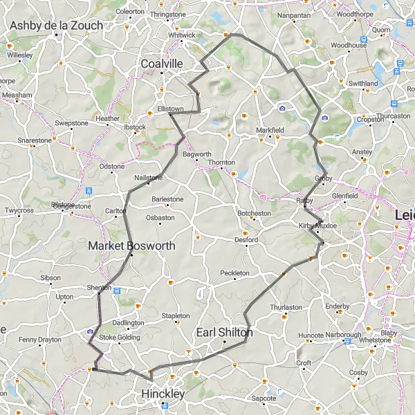 Map miniature of "Bosworth Historic Ride" cycling inspiration in Leicestershire, Rutland and Northamptonshire, United Kingdom. Generated by Tarmacs.app cycling route planner