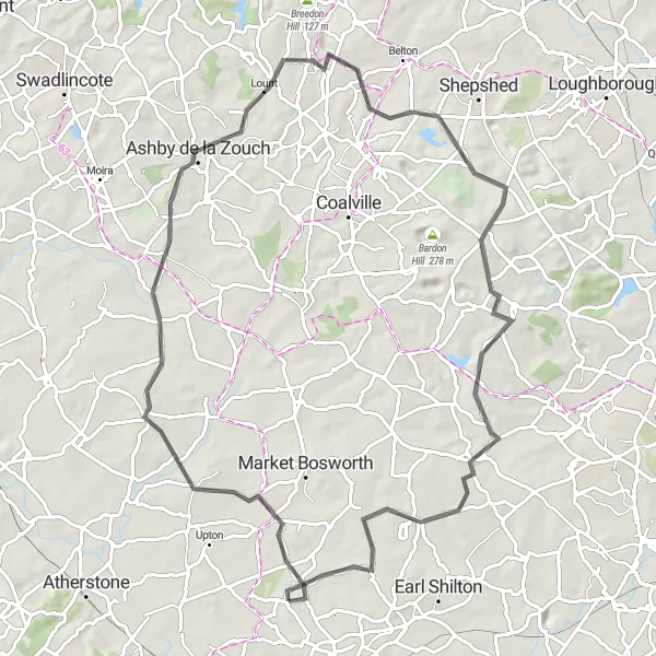 Map miniature of "Worthington Epic Loop" cycling inspiration in Leicestershire, Rutland and Northamptonshire, United Kingdom. Generated by Tarmacs.app cycling route planner