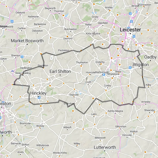 Map miniature of "Peckleton Round-Trip" cycling inspiration in Leicestershire, Rutland and Northamptonshire, United Kingdom. Generated by Tarmacs.app cycling route planner