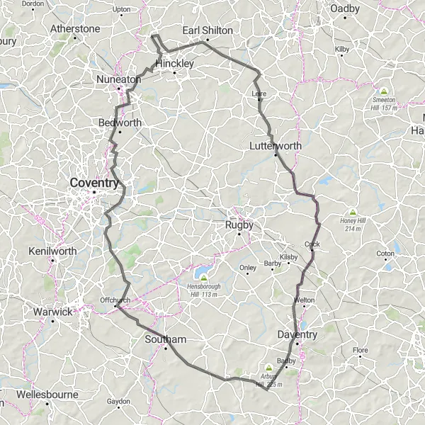 Map miniature of "Lutterworth Epic Loop" cycling inspiration in Leicestershire, Rutland and Northamptonshire, United Kingdom. Generated by Tarmacs.app cycling route planner