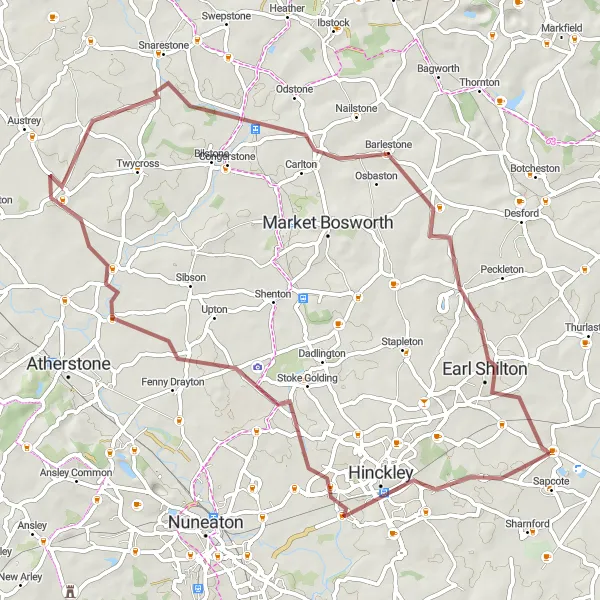 Map miniature of "The Gravel Adventure" cycling inspiration in Leicestershire, Rutland and Northamptonshire, United Kingdom. Generated by Tarmacs.app cycling route planner