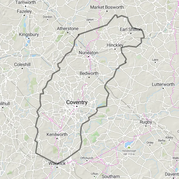 Map miniature of "The Leicestershire Loop" cycling inspiration in Leicestershire, Rutland and Northamptonshire, United Kingdom. Generated by Tarmacs.app cycling route planner