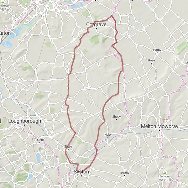 Map miniature of "Syston Gravel Loop" cycling inspiration in Leicestershire, Rutland and Northamptonshire, United Kingdom. Generated by Tarmacs.app cycling route planner