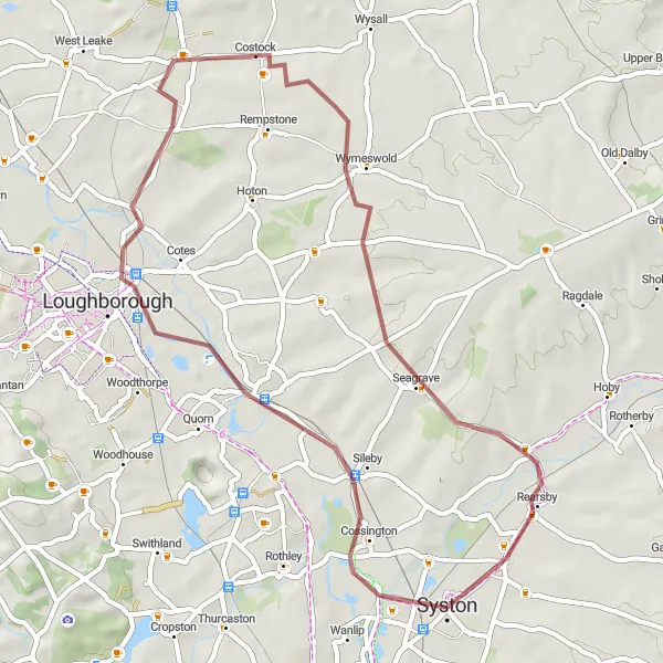 Map miniature of "Loughborough Gravel Ride" cycling inspiration in Leicestershire, Rutland and Northamptonshire, United Kingdom. Generated by Tarmacs.app cycling route planner