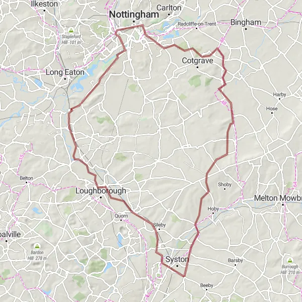 Map miniature of "The Soar Valley Gravel Loop" cycling inspiration in Leicestershire, Rutland and Northamptonshire, United Kingdom. Generated by Tarmacs.app cycling route planner