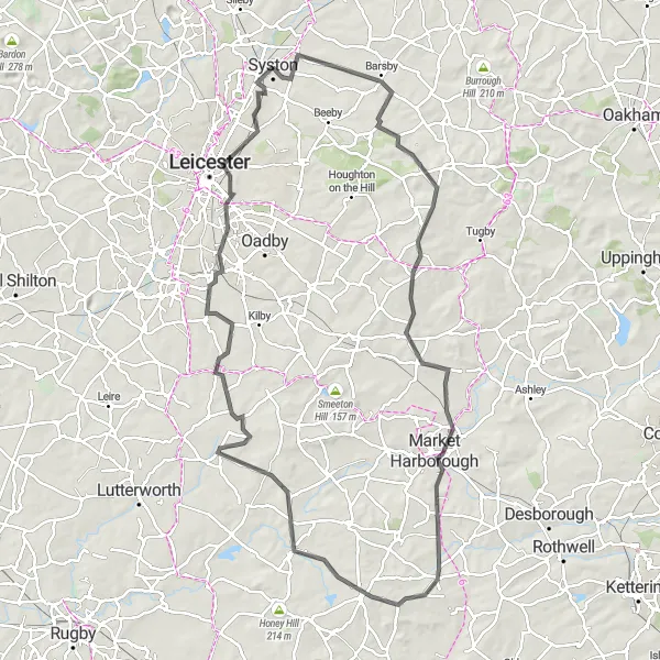 Map miniature of "Syston to Naseby Loop" cycling inspiration in Leicestershire, Rutland and Northamptonshire, United Kingdom. Generated by Tarmacs.app cycling route planner