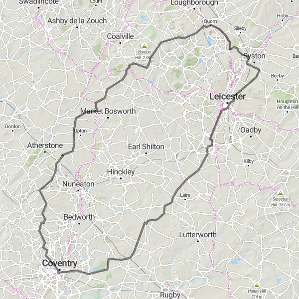 Map miniature of "Syston to Mountsorrel Loop" cycling inspiration in Leicestershire, Rutland and Northamptonshire, United Kingdom. Generated by Tarmacs.app cycling route planner