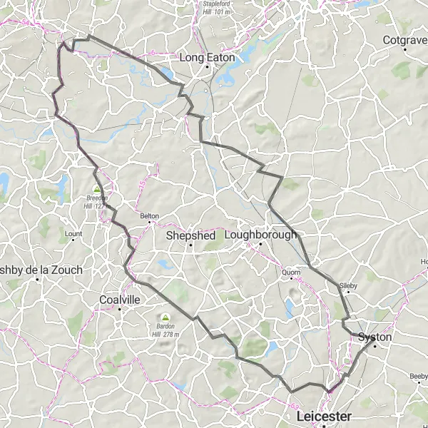 Map miniature of "The Charnwood and Wreake Valleys Loop" cycling inspiration in Leicestershire, Rutland and Northamptonshire, United Kingdom. Generated by Tarmacs.app cycling route planner