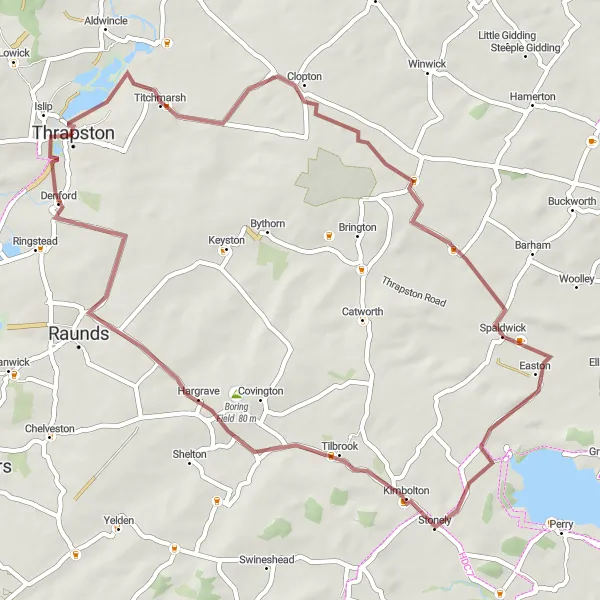 Map miniature of "Thrapston to Denford Gravel Cycling Route" cycling inspiration in Leicestershire, Rutland and Northamptonshire, United Kingdom. Generated by Tarmacs.app cycling route planner