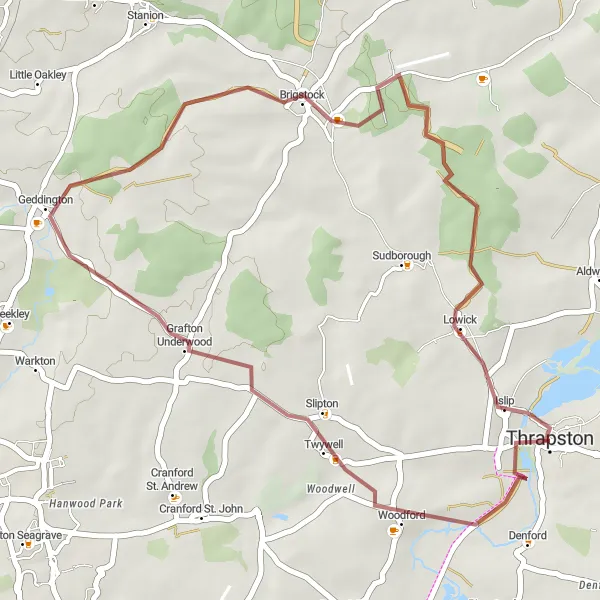 Map miniature of "Grafton Underwood Gravel Loop" cycling inspiration in Leicestershire, Rutland and Northamptonshire, United Kingdom. Generated by Tarmacs.app cycling route planner