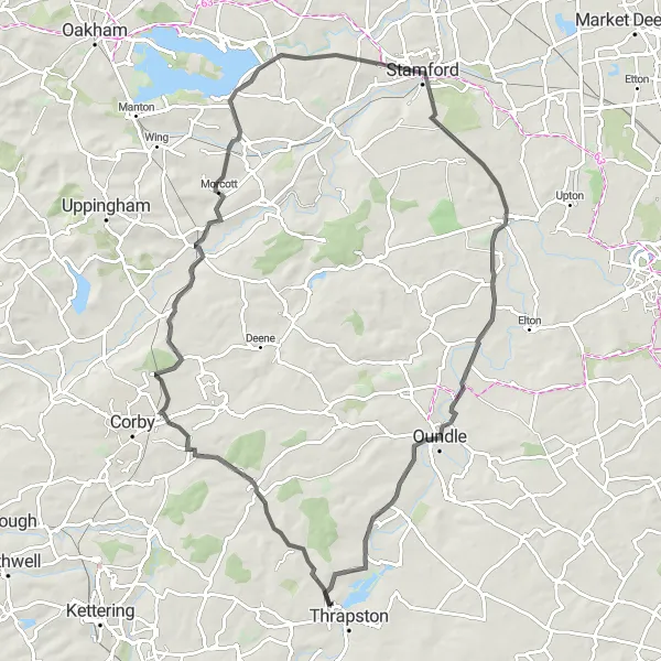 Map miniature of "Thrapston to Aldwincle Road Cycling Route" cycling inspiration in Leicestershire, Rutland and Northamptonshire, United Kingdom. Generated by Tarmacs.app cycling route planner