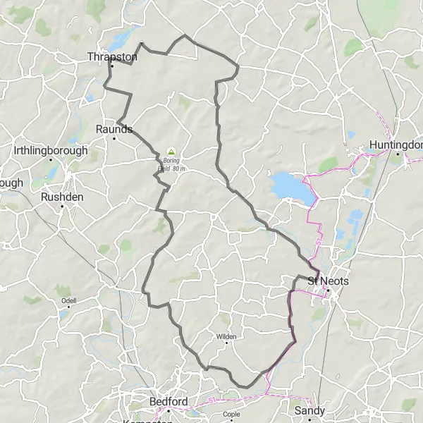 Map miniature of "Thrapston Loop via Old Weston" cycling inspiration in Leicestershire, Rutland and Northamptonshire, United Kingdom. Generated by Tarmacs.app cycling route planner