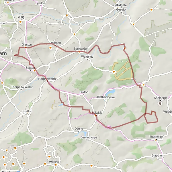 Map miniature of "The Tixover Trail" cycling inspiration in Leicestershire, Rutland and Northamptonshire, United Kingdom. Generated by Tarmacs.app cycling route planner