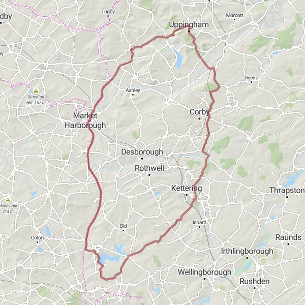 Map miniature of "Wolds and Woods" cycling inspiration in Leicestershire, Rutland and Northamptonshire, United Kingdom. Generated by Tarmacs.app cycling route planner