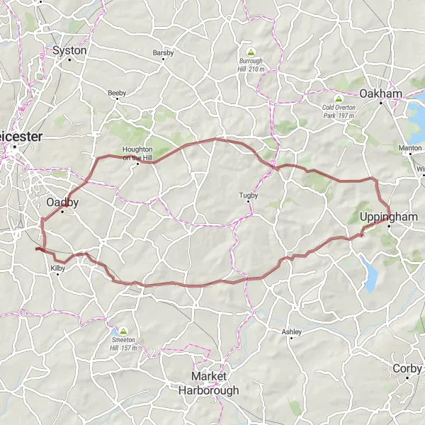 Map miniature of "Hills and Valleys" cycling inspiration in Leicestershire, Rutland and Northamptonshire, United Kingdom. Generated by Tarmacs.app cycling route planner