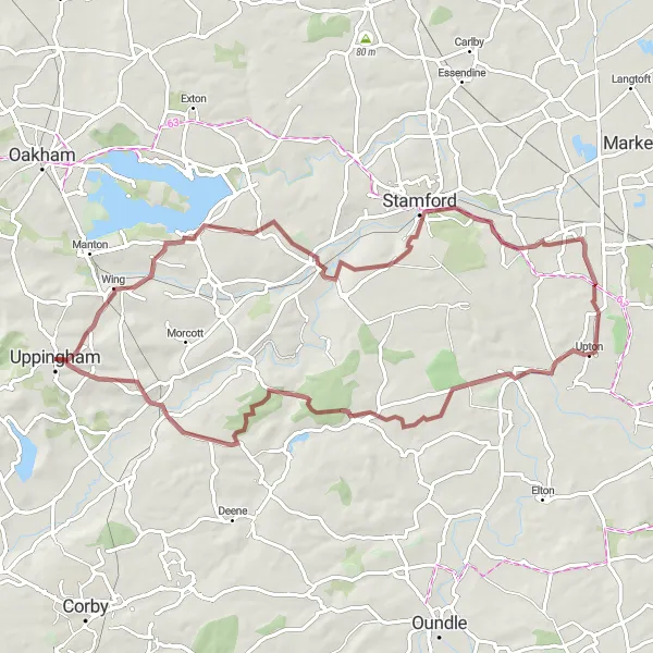 Map miniature of "The Lyndon Loop" cycling inspiration in Leicestershire, Rutland and Northamptonshire, United Kingdom. Generated by Tarmacs.app cycling route planner