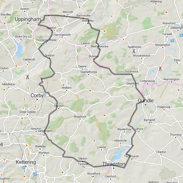 Map miniature of "The Bisbrooke Beauty" cycling inspiration in Leicestershire, Rutland and Northamptonshire, United Kingdom. Generated by Tarmacs.app cycling route planner