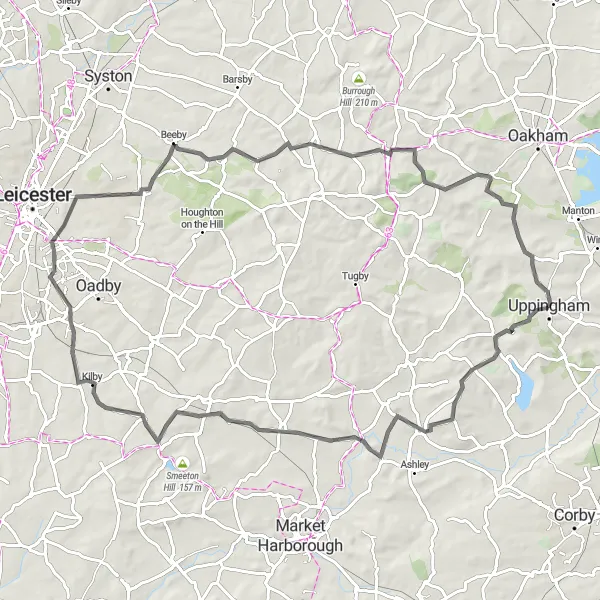 Map miniature of "The Langton Loop" cycling inspiration in Leicestershire, Rutland and Northamptonshire, United Kingdom. Generated by Tarmacs.app cycling route planner