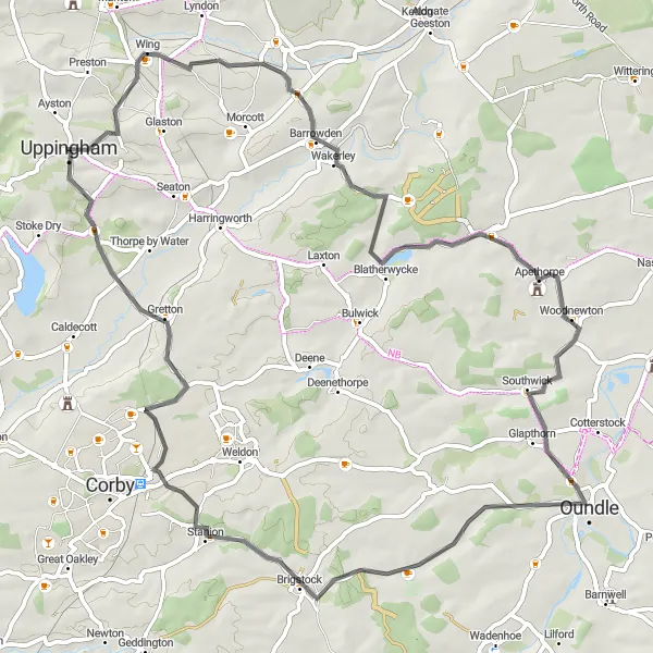 Map miniature of "Discover Northamptonshire" cycling inspiration in Leicestershire, Rutland and Northamptonshire, United Kingdom. Generated by Tarmacs.app cycling route planner