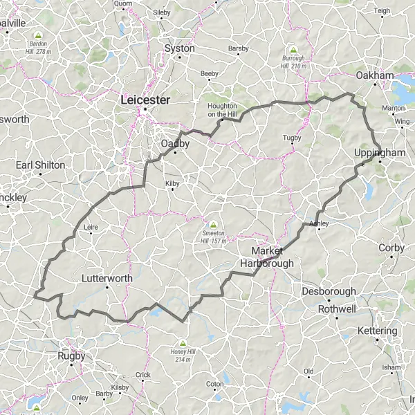 Map miniature of "The Bassett Hill Challenge" cycling inspiration in Leicestershire, Rutland and Northamptonshire, United Kingdom. Generated by Tarmacs.app cycling route planner