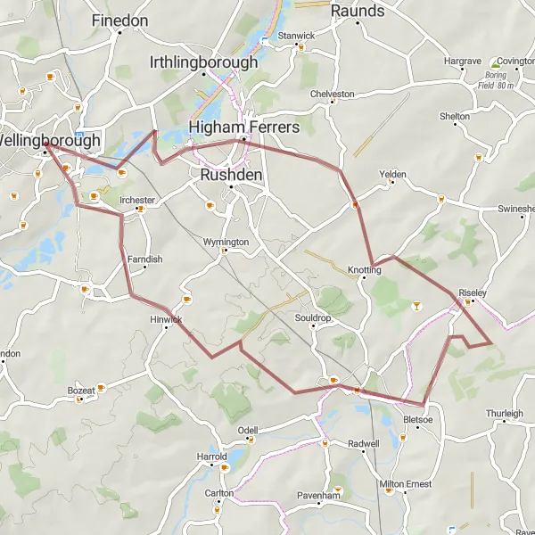 Map miniature of "The Gravel Adventure" cycling inspiration in Leicestershire, Rutland and Northamptonshire, United Kingdom. Generated by Tarmacs.app cycling route planner